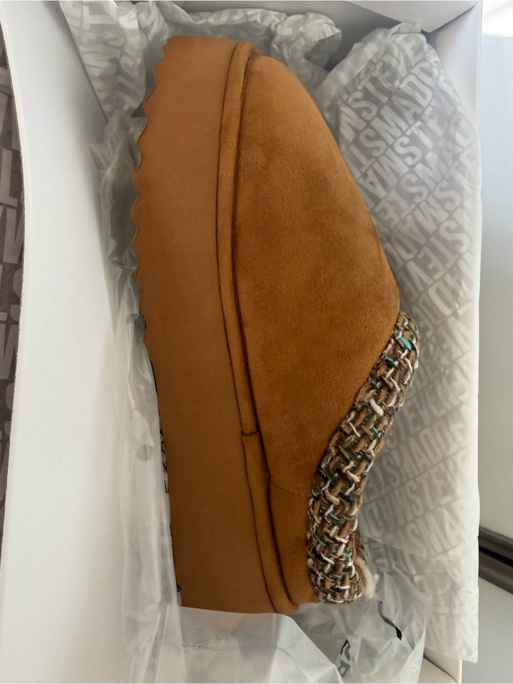 Steve Madden Tan Suede Platform Mule with Woven Heel Trim